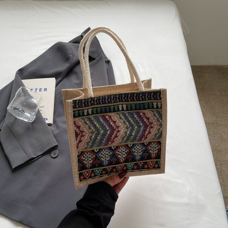 Damen Jute-Handtasche mit handgewebtem Ethnodruck Nord Taschen