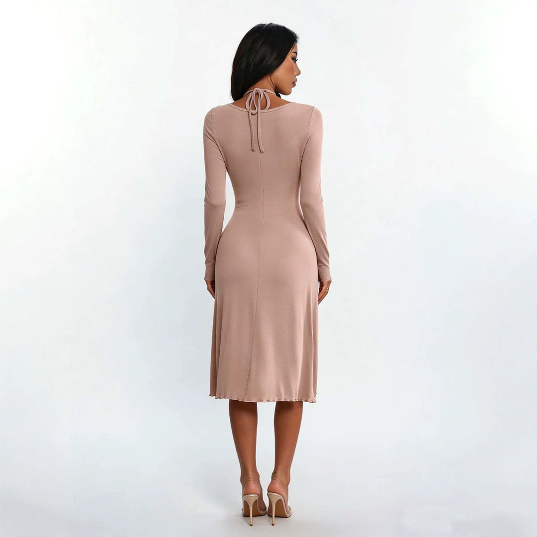 Damen gerafftes A-Linien Midikleid mit gekreuzten Trägern, figurformender Brustpartie und langen Ärmeln Nord Taschen