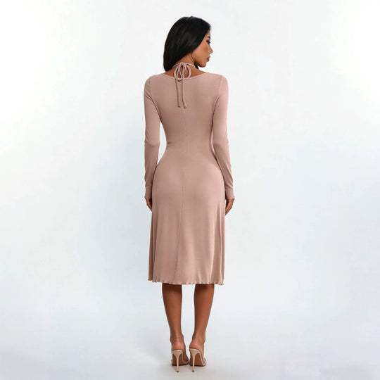 Damen gerafftes A-Linien Midikleid mit gekreuzten Trägern, figurformender Brustpartie und langen Ärmeln Nord Taschen
