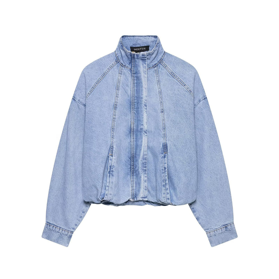 Damen Oversize Denim-Blouson mit hohem Stehkragen und elastischem Saum Nord Taschen