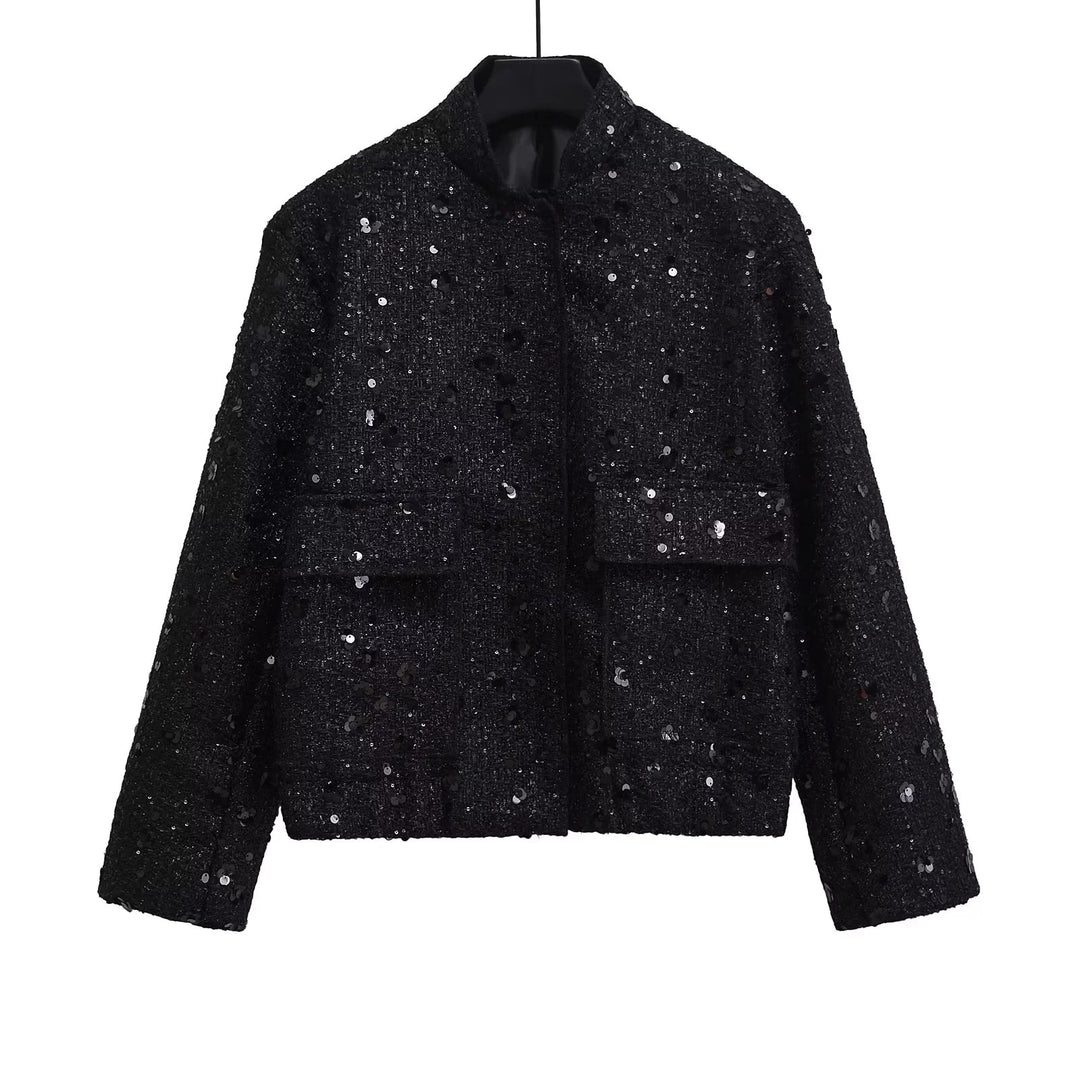 Damen 400+ Bouclé Kurzjacke mit Stehkragen, Pattentaschen und taillierendem Saum Nord Taschen