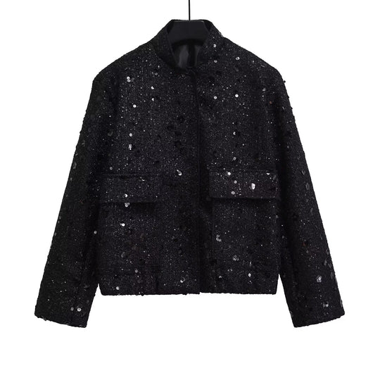 Damen 400+ Bouclé Kurzjacke mit Stehkragen, Pattentaschen und taillierendem Saum Nord Taschen