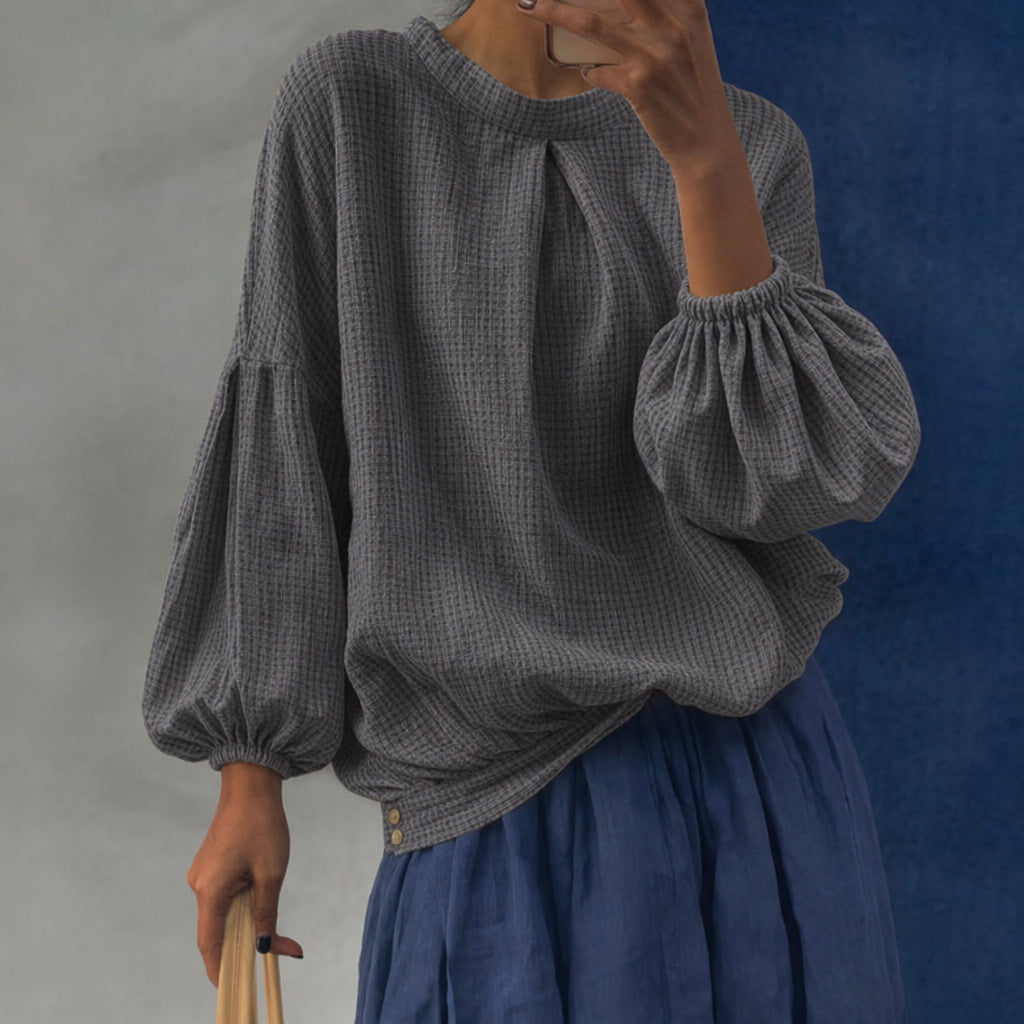 Damen Waffelstrick-Oversize-Bluse mit voluminösen Ballonärmeln Nord Taschen