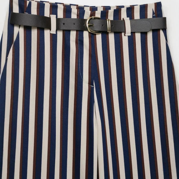Damen Hochtaillierte gestreifte weite Palazzohose mit Gürtel Nord Taschen