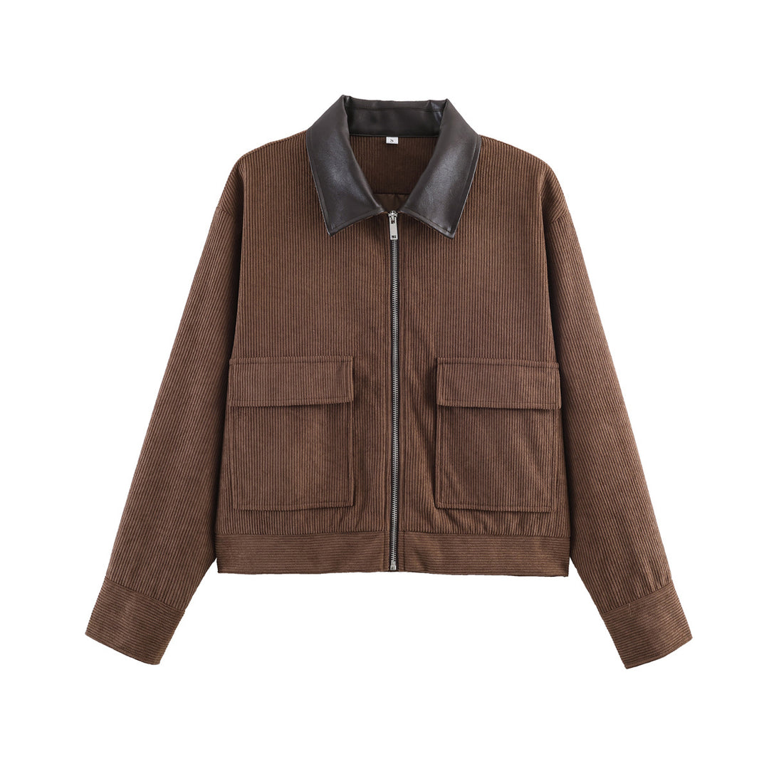 Damen Cordjacke mit Reißverschluss, Kunstlederkragen und aufgesetzten Taschen Nord Taschen