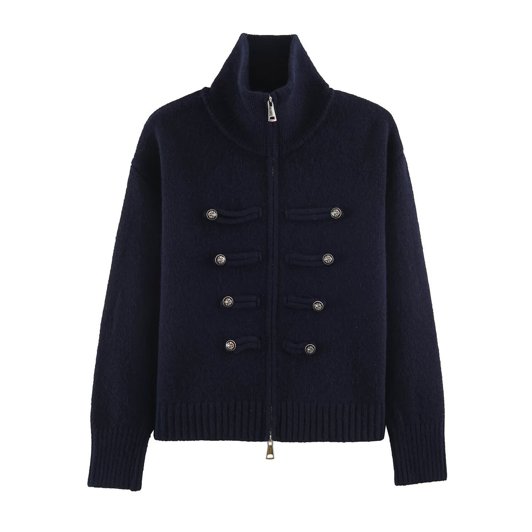 Damen Strickjacke mit Reißverschluss, hohem Stehkragen und dekorativen Zierknopfleisten Nord Taschen