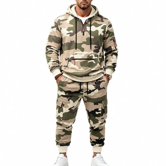 Herren Zweiteiliges Camouflage-Trainingsanzug-Set mit Kapuzen-Sweatshirt und Cargo-Joggern Nord Taschen