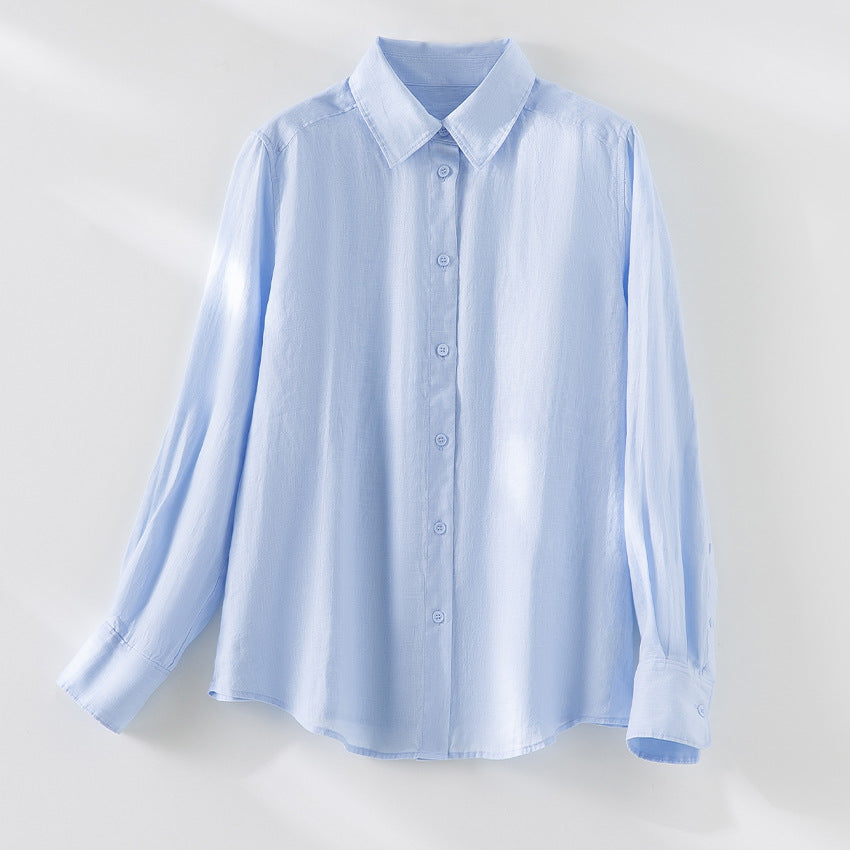 Damen Locker fallende Leinenmix-Bluse mit Hemdkragen und Manschetten Nord Taschen