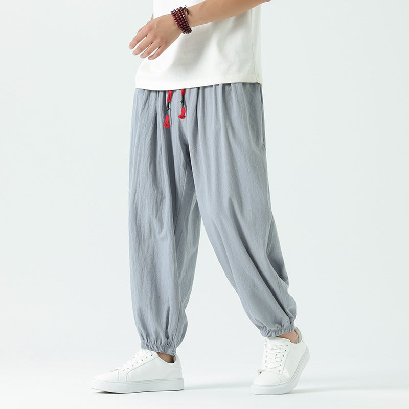 Herren locker geschnittene Leinen-Baumwoll Hose mit Kordelzug und elastischen Bündchen Nord Taschen
