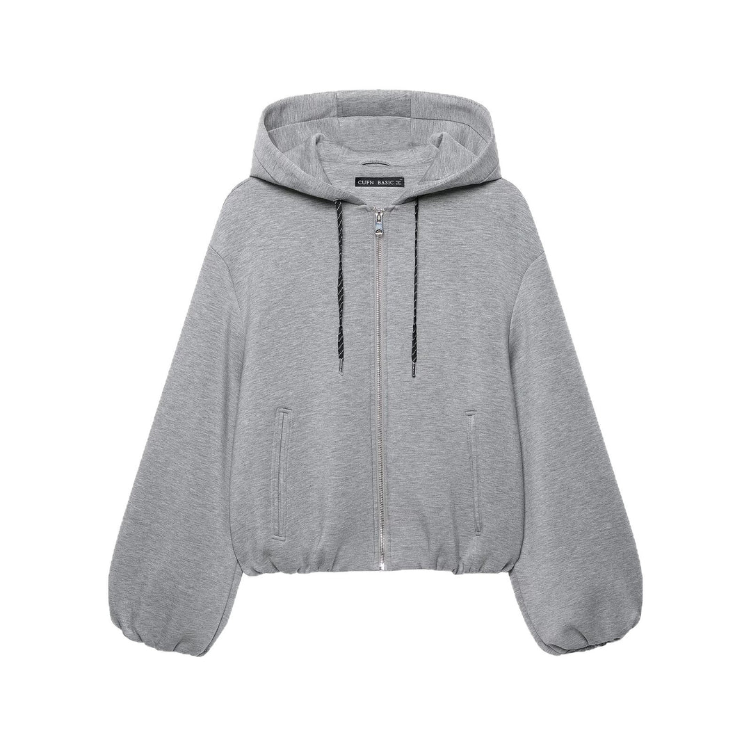 Damen Cropped Kapuzen-Sweatjacke mit Ballonärmeln und Tunnelzug Nord Taschen