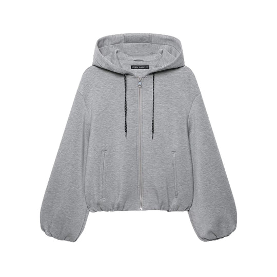 Damen Cropped Kapuzen-Sweatjacke mit Ballonärmeln und Tunnelzug Nord Taschen