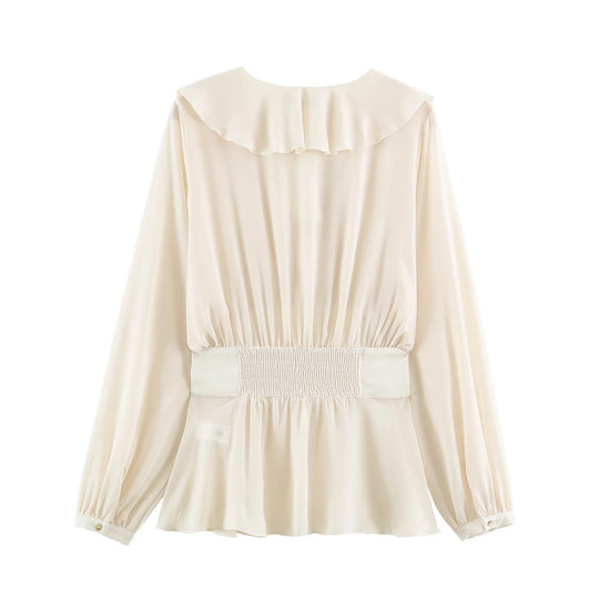 Damen Filigrane V‑Neck‑Bluse mit Volantkragen, taillierter Bundpasse und Ballonärmeln Nord Taschen