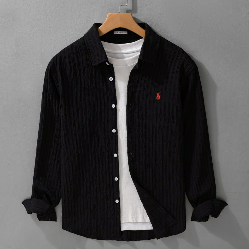Herren Leichtes Baumwoll-Langarmhemd im Layering‑Stil mit feiner Crinkle‑Struktur und Kentkragen Nord Taschen