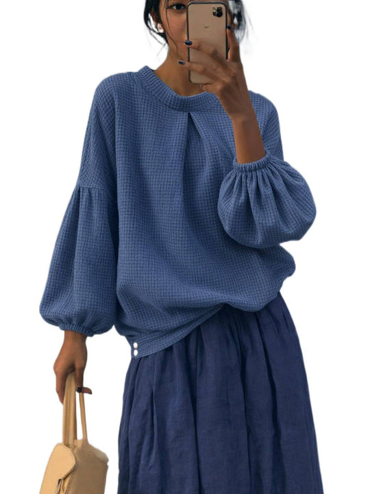 Damen Waffelstrick-Oversize-Bluse mit voluminösen Ballonärmeln Nord Taschen