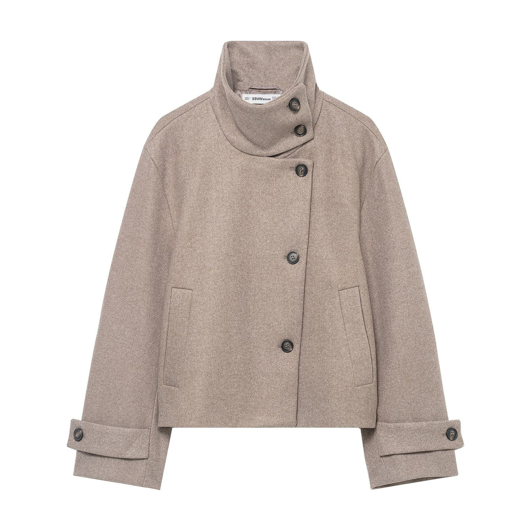Damen Kurzjacke im Boxy-Cut aus Wollmix mit hohem Stehkragen und asymmetrischer Knopfleiste Nord Taschen