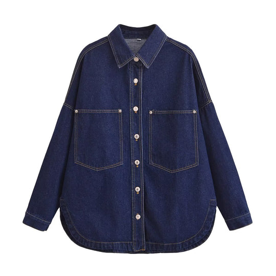 Damen Oversize Jeanshemd‑Jacke mit aufgesetzten Taschen und abgerundetem Saum Nord Taschen