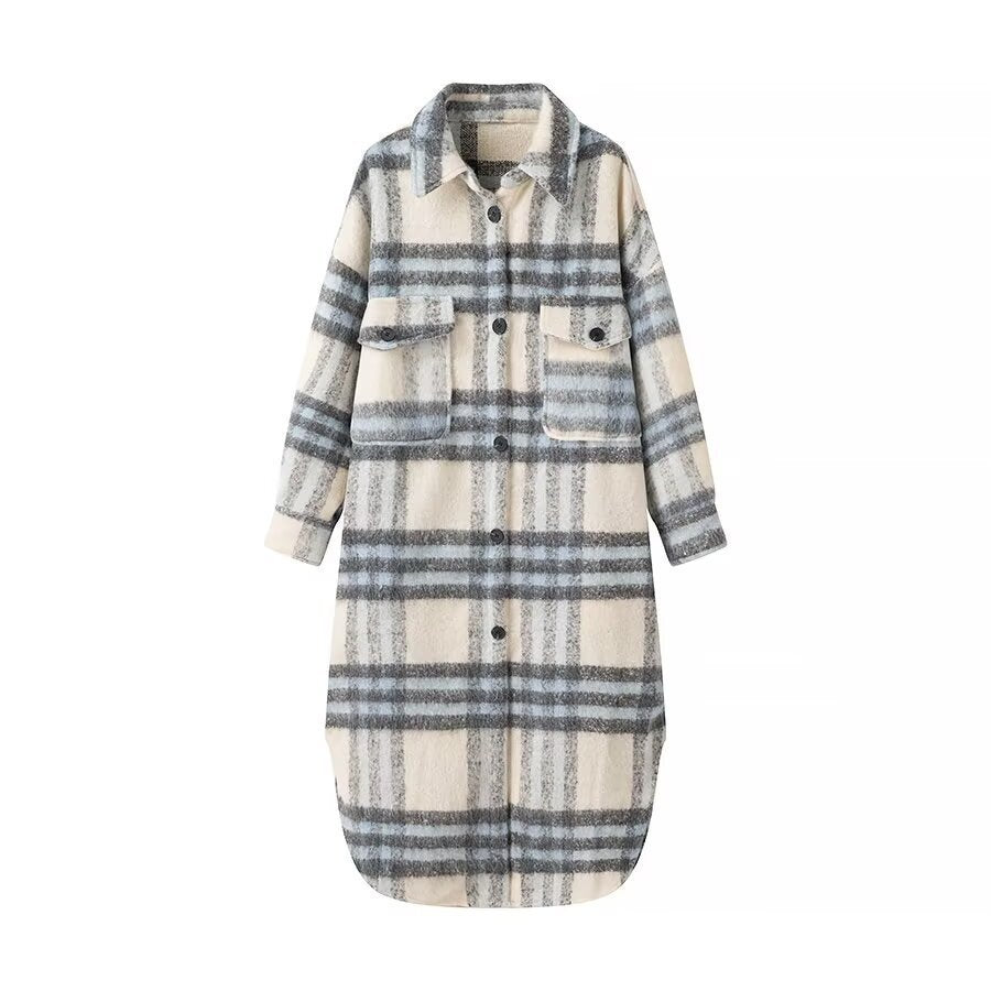 Damen Oversize-Hemdkleid-Mantel aus Wollmix mit Karomuster Nord Taschen