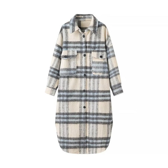 Damen Oversize-Hemdkleid-Mantel aus Wollmix mit Karomuster Nord Taschen