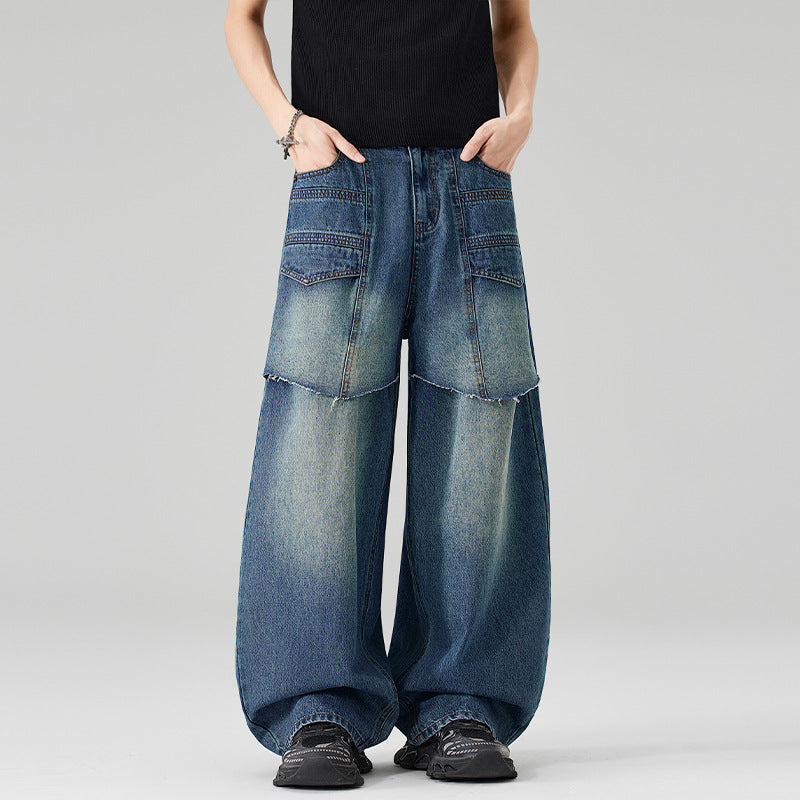 Damen Extraweite Denim-Palazzo-Hose mit aufgesetzten Vorderpanelen und Used-Waschung Nord Taschen