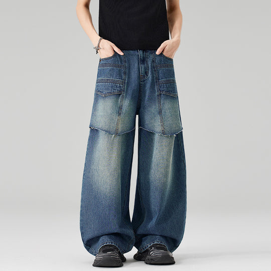 Damen Extraweite Denim-Palazzo-Hose mit aufgesetzten Vorderpanelen und Used-Waschung Nord Taschen