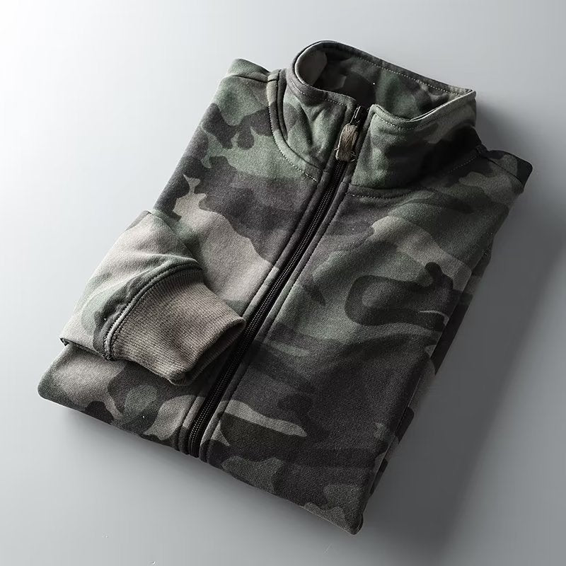 Herren Camouflage Baumwoll‑Fleece‑Zipjacke mit Stehkragen und Rippbündchen Nord Taschen
