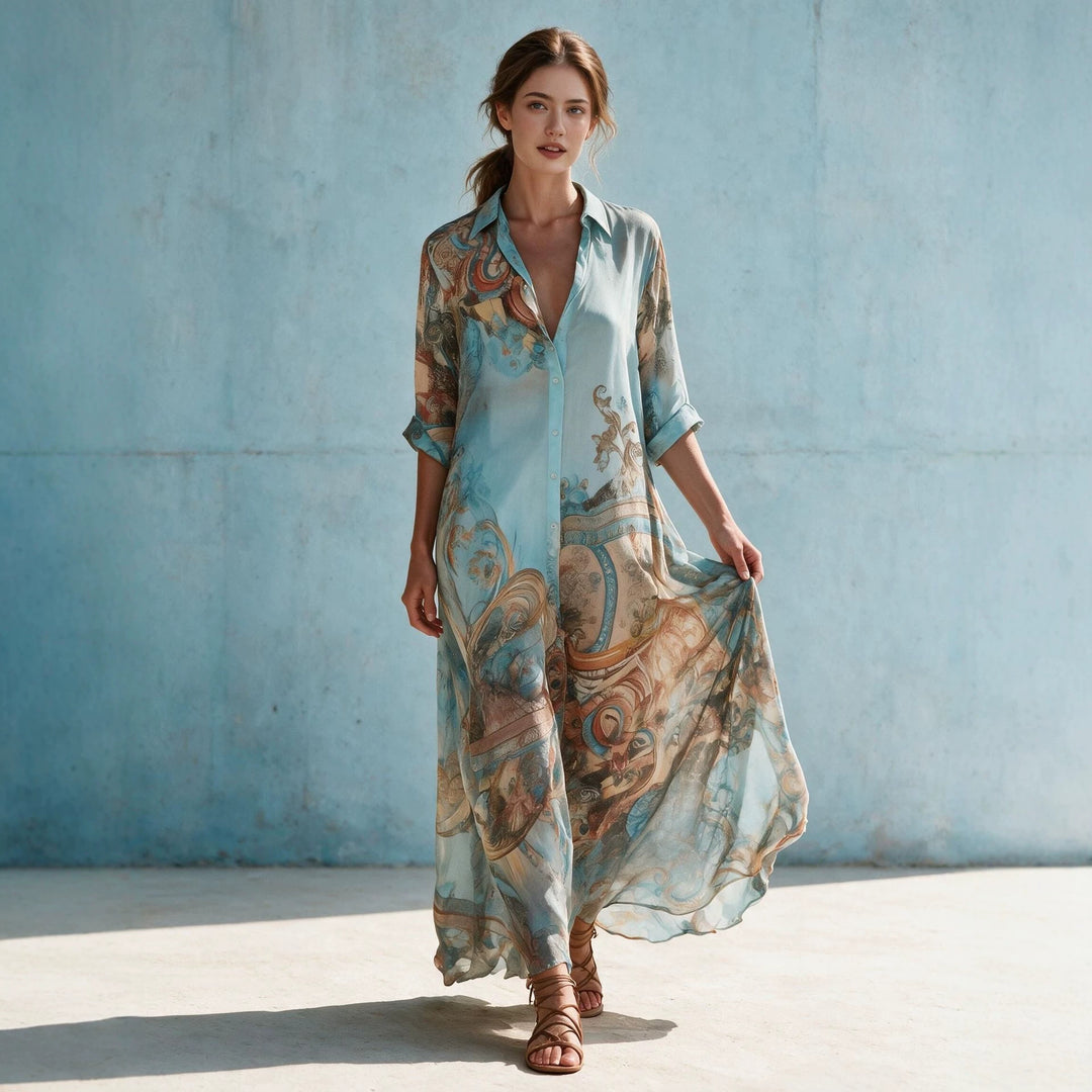 Damen Hemdblusenkleid Maxikleid in fließender Seidenoptik mit kunstvollem Allover-Print und 3/4-Ärmeln Nord Taschen