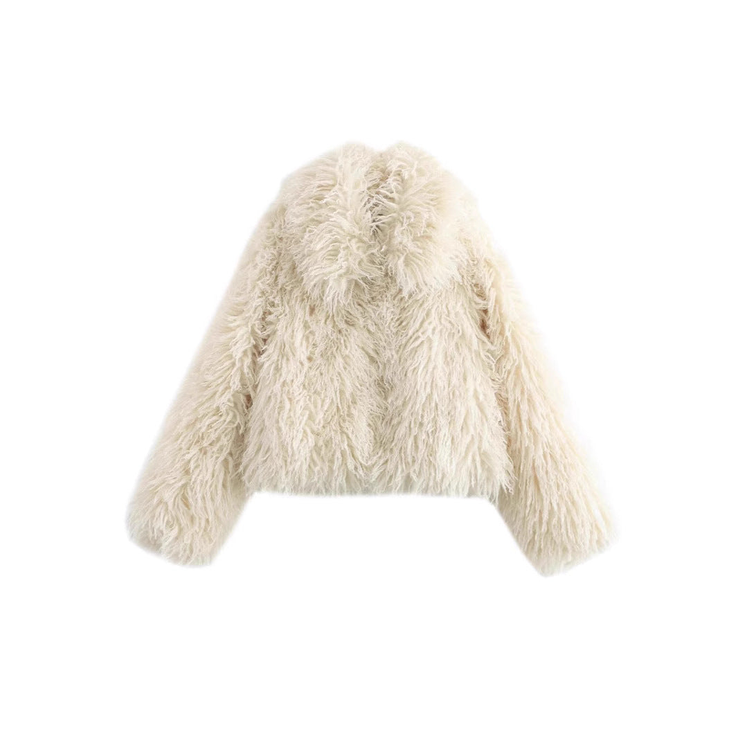 Damen Kurze shaggy Kunstpelzjacke mit Kapuze und hochfloriger Textur Nord Taschen