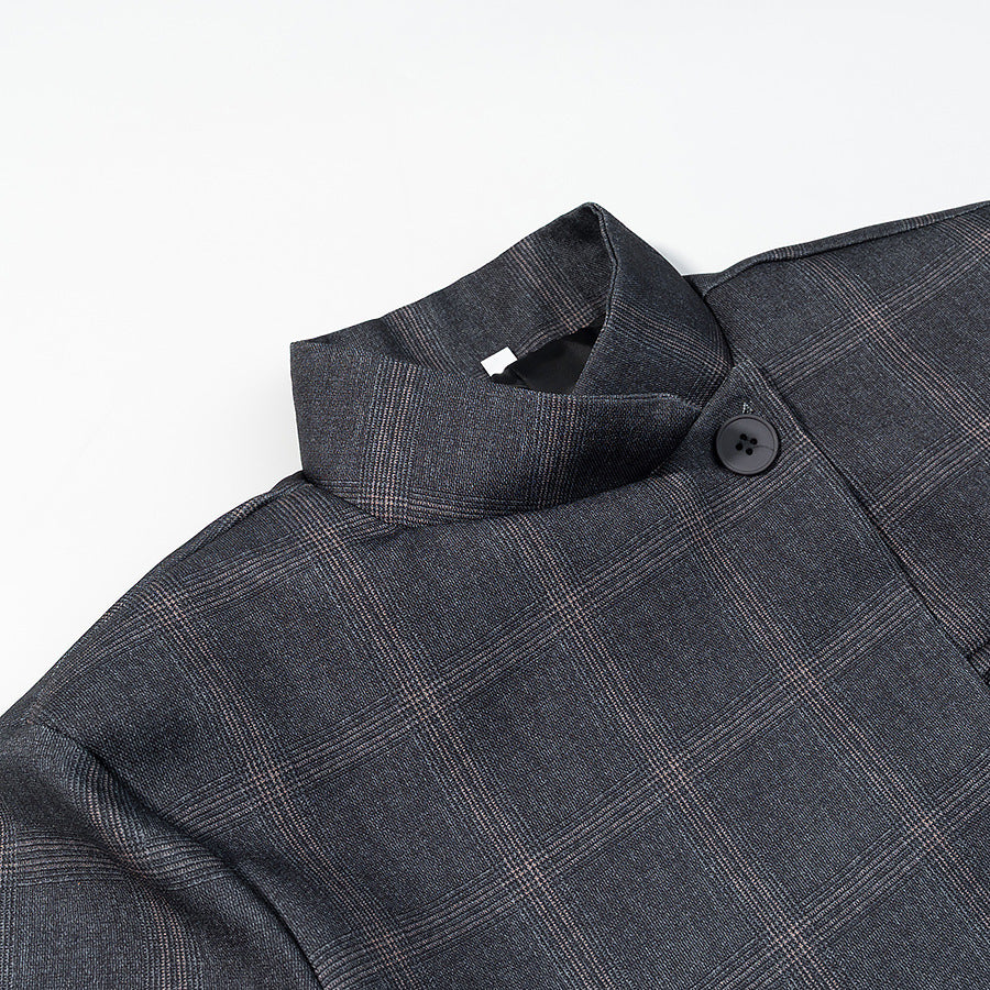 Herren Karierter Stehkragen-Blazer mit asymmetrischer Knopfleiste und Pattentaschen Nord Taschen