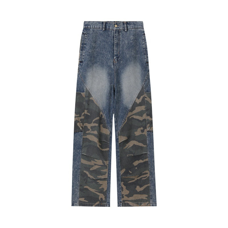 Damen Weite High‑Waist Denim‑Cargohose mit Camouflage‑Einsätzen Nord Taschen