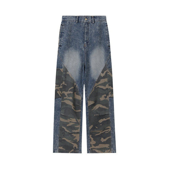 Damen Weite High‑Waist Denim‑Cargohose mit Camouflage‑Einsätzen Nord Taschen