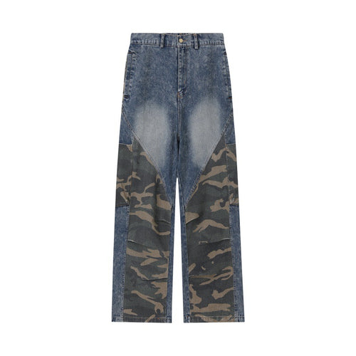 Damen Weite High‑Waist Denim‑Cargohose mit Camouflage‑Einsätzen Nord Taschen
