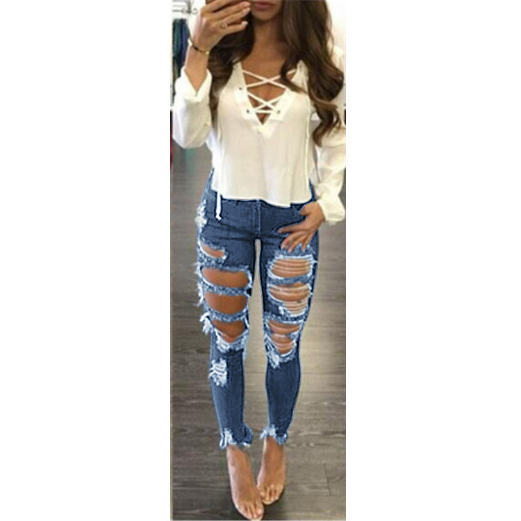 Damen Extrem zerrissene High-Waist Skinny-Jeans mit rohem Fransenbund Nord Taschen
