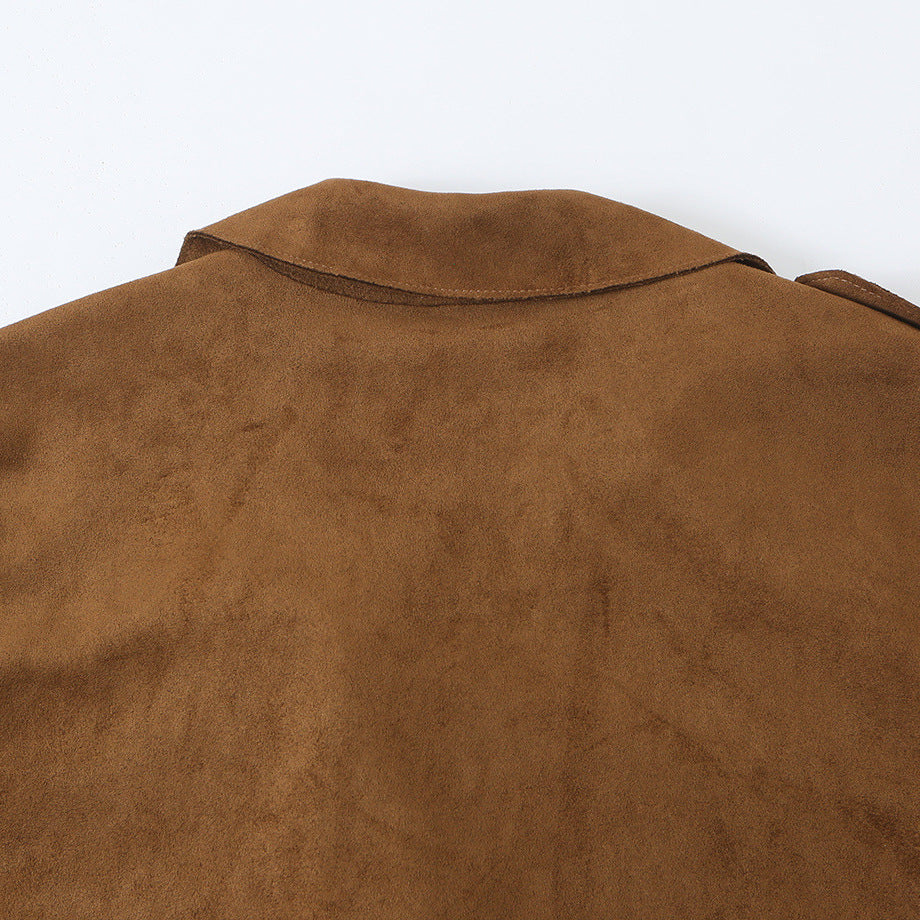 Damen Taillierter Kurztrench in Veloursleder-Optik mit doppelreihiger Knopfleiste und Schulterpatten Nord Taschen