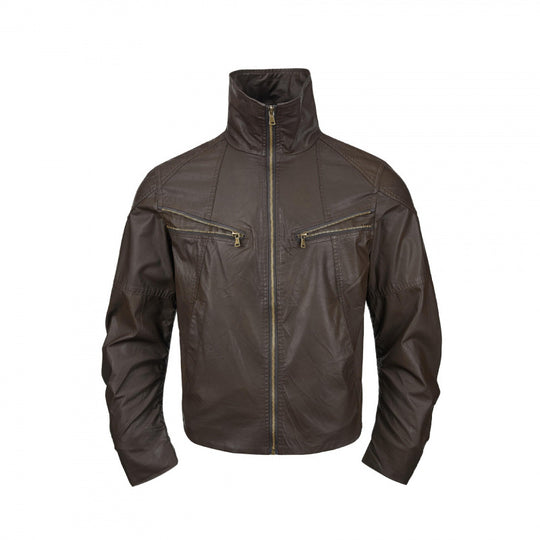Herren Kurzjacke im Lederlook mit hohem Stehkragen, zwei schrägen Brustreißverschlüssen und Vintage‑Metalldetails Nord Taschen