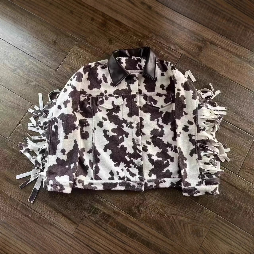 Damen Teddy-Truckerjacke mit Kuhfleckenmuster und Kunstlederkragen Nord Taschen