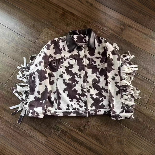 Damen Teddy-Truckerjacke mit Kuhfleckenmuster und Kunstlederkragen Nord Taschen