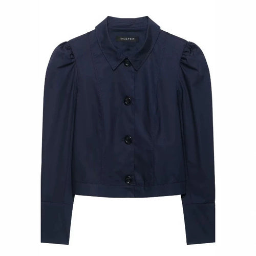 Damen Cropped Blousonjacke mit Puffärmeln, Hemdkragen und verlängerten Manschetten Nord Taschen