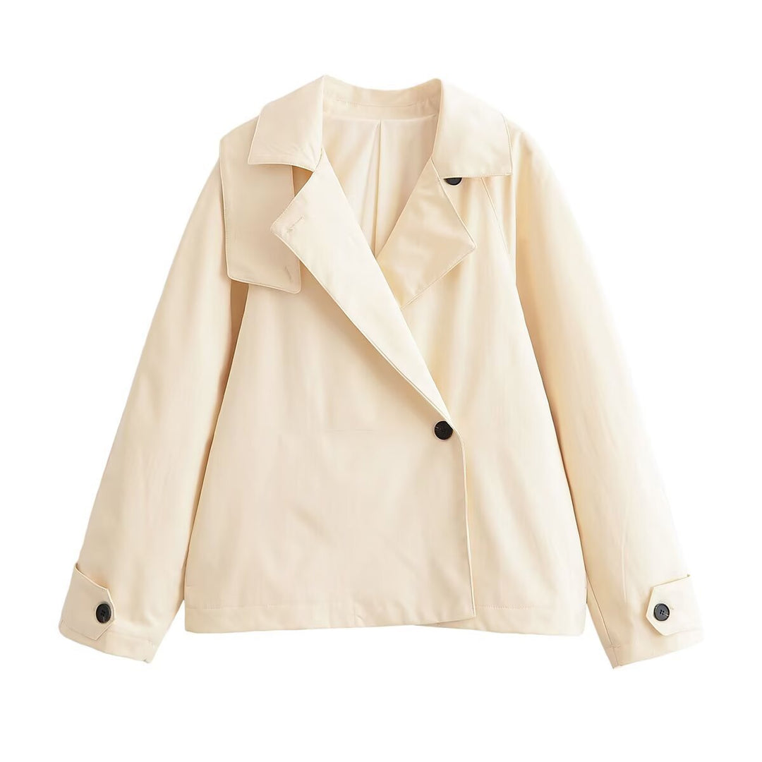 Damen Kurz geschnittene Boxy‑Trenchjacke mit asymmetrischer Knopfleiste und weiten Revers Nord Taschen