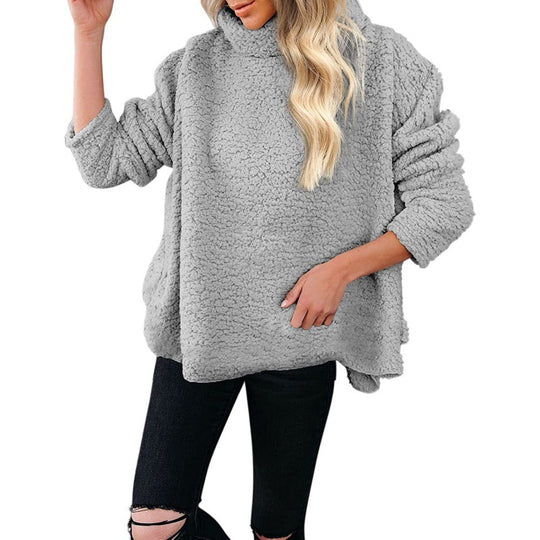 Damen Oversize-Sherpa-Pullover mit hohem Rollkragen, verlängertem Rückensaum und lässiger Silhouette Nord Taschen