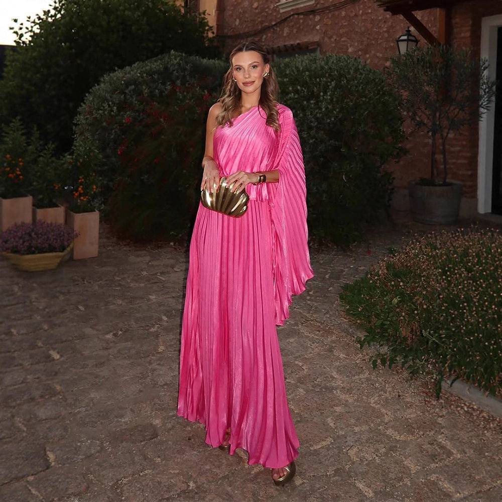 Damen Ein-Schulter Plissee-Maxikleid mit drapiertem Oberteil und weitem Volantrock Nord Taschen