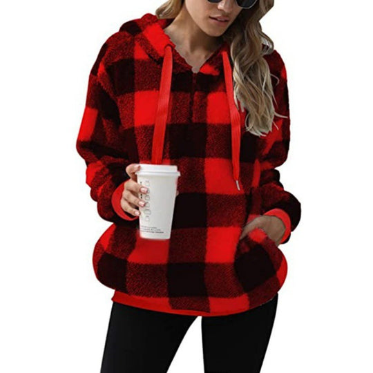 Damen Oversized Sherpa-Hoodie im Karomuster mit halbem Reißverschluss und Kängurutasche Nord Taschen