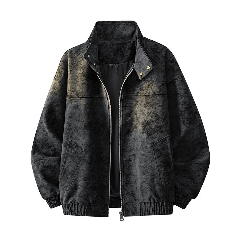 Herren Oversize-Boxy-Jacke in Veloursleder-Optik mit hohem Stehkragen, Zwei-Wege-Reißverschluss & Tunnelzugsaum Nord Taschen