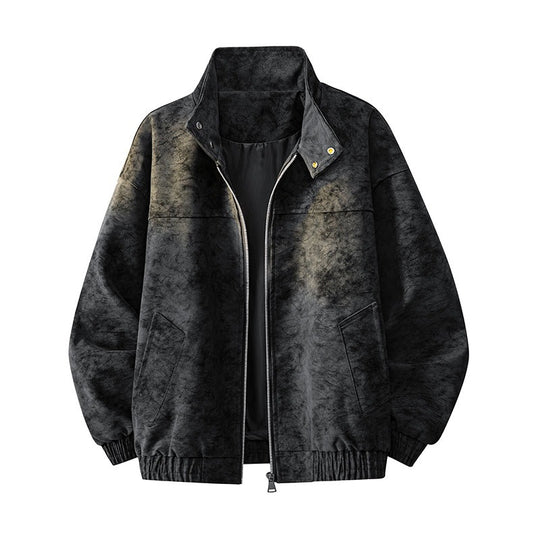 Herren Oversize-Boxy-Jacke in Veloursleder-Optik mit hohem Stehkragen, Zwei-Wege-Reißverschluss & Tunnelzugsaum Nord Taschen
