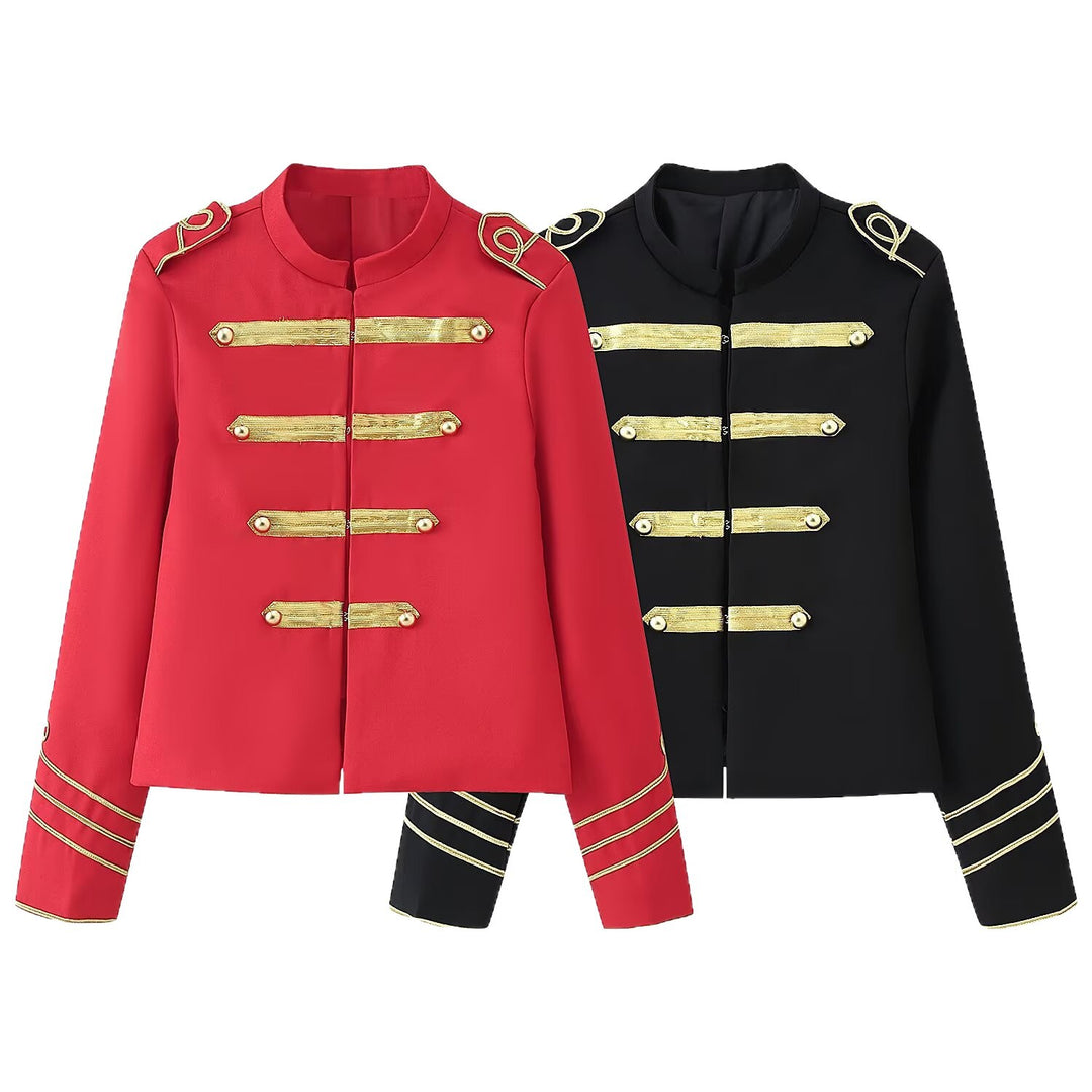 Damen Kurzblazer im Militärstil mit goldener Galonapplikation Nord Taschen