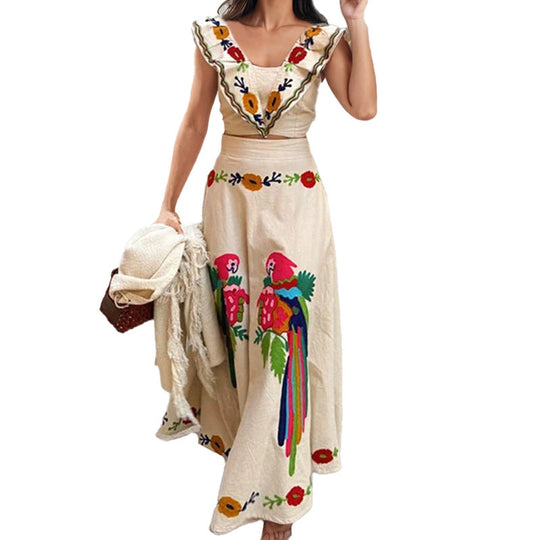 Damen Ethno-Inspiriertes Maxikleid mit Buntem Stickdesign und Volant