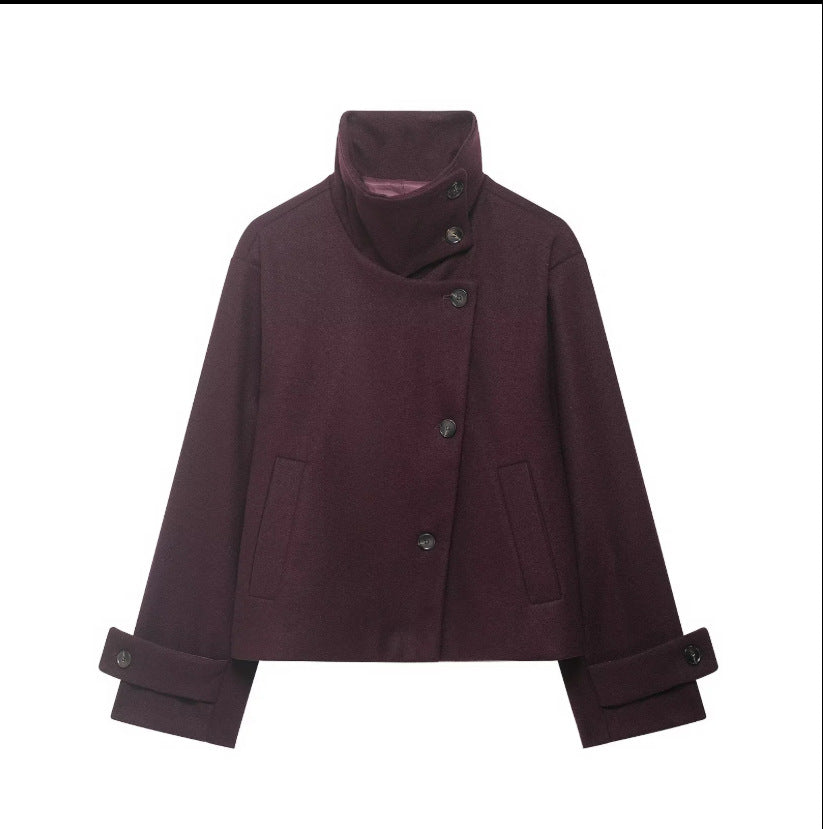 Damen Cropped Wollmix-Kurzjacke mit hohem Stehkragen, asymmetrischer Knopfleiste und Krempelmanschetten Nord Taschen