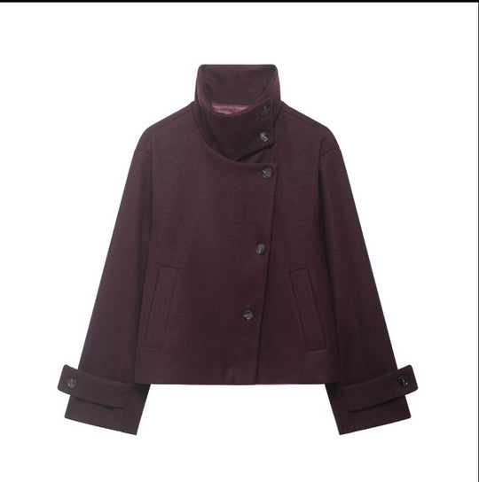 Damen Cropped Wollmix-Kurzjacke mit hohem Stehkragen, asymmetrischer Knopfleiste und Krempelmanschetten Nord Taschen