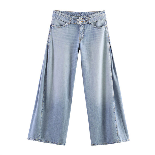 Damen Hochtaillierte weite Jeans-Culotte mit seitlichen Keileinsätzen Nord Taschen