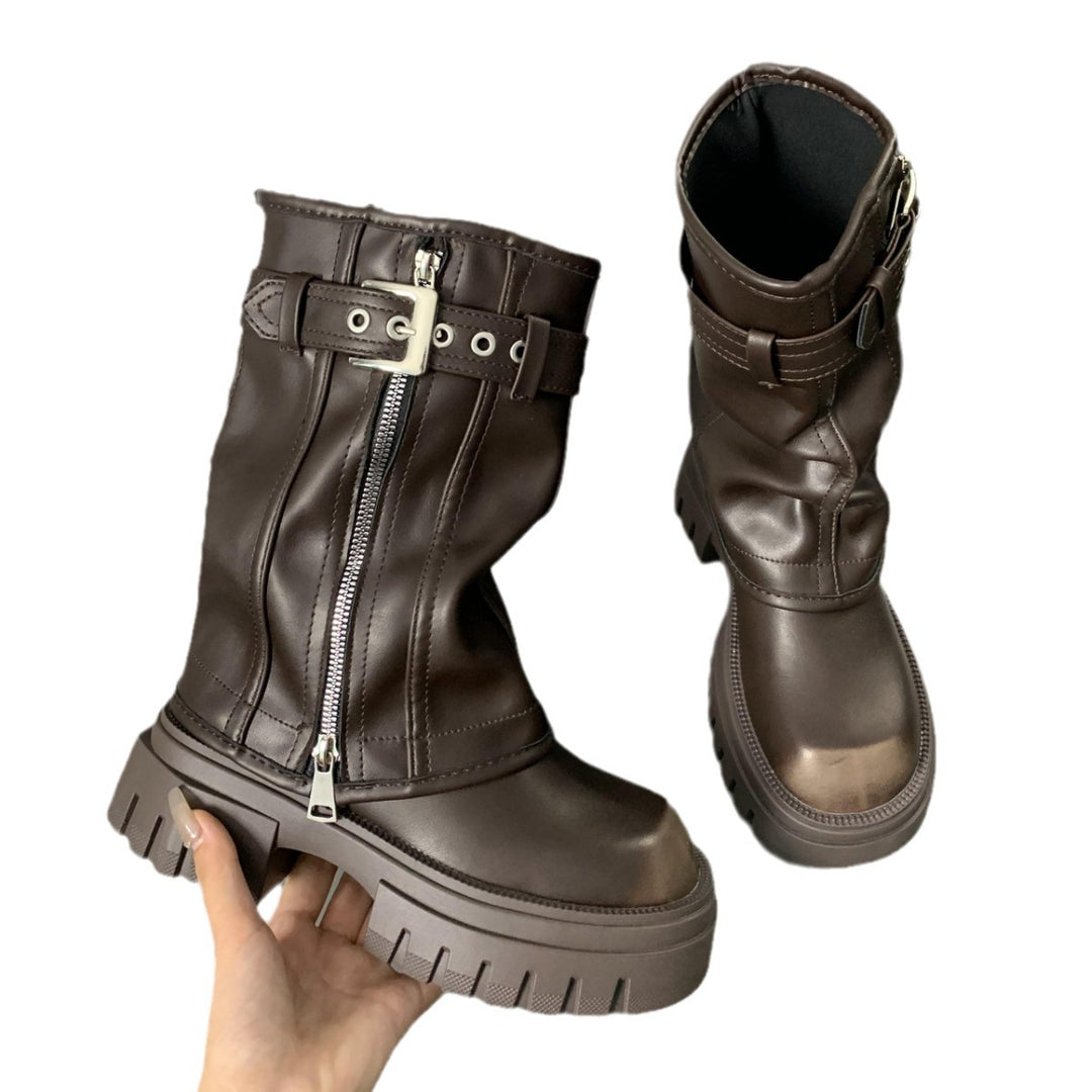 Damen Halbhohe Biker-Stiefel mit Reißverschluss, Schnallenriemen und grober Plateausohle Nord Taschen