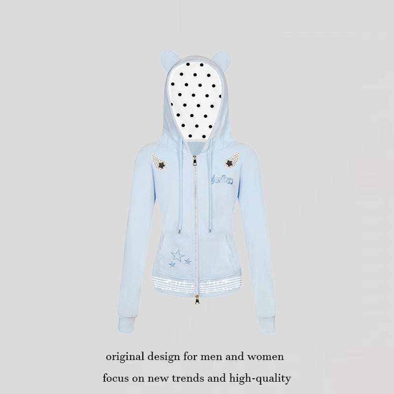 Damen Kapuzen-Sweatjacke mit Bärenohren, Reißverschluss, musikalischem Print und Polka-Lining Nord Taschen
